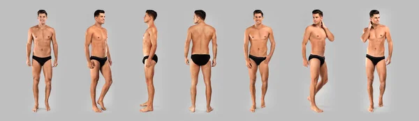 Koláž Muže Spodním Prádle Šedém Pozadí Návrh Nápisu — Stock fotografie