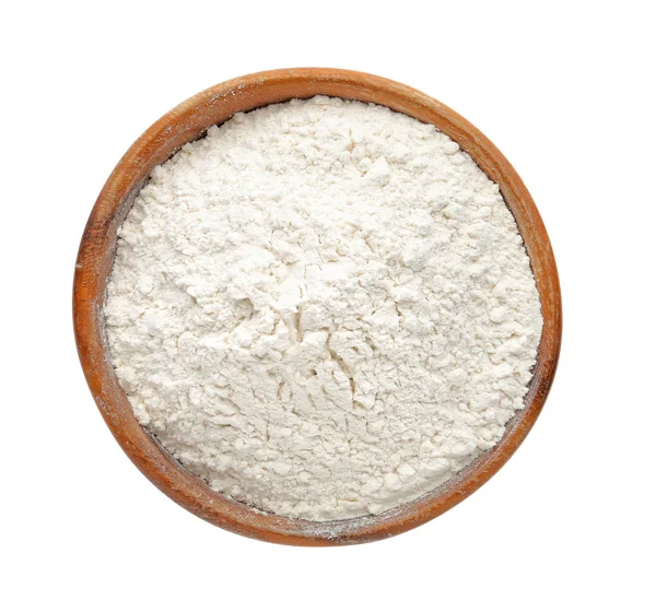 白で隔離されたボウルに有機小麦粉,トップビュー — ストック写真