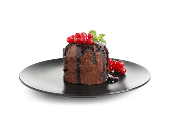 Delicious Warm Chocolate Lava Cake Mint Berries Isolated White — Stock Photo, Image