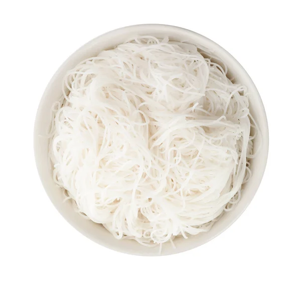 Μπολ με νούγιες ρυζιού που απομονώνονται σε λευκή, κορυφαία προβολή — Φωτογραφία Αρχείου