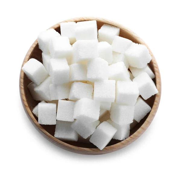 Açúcar refinado isolado em branco, vista superior — Fotografia de Stock