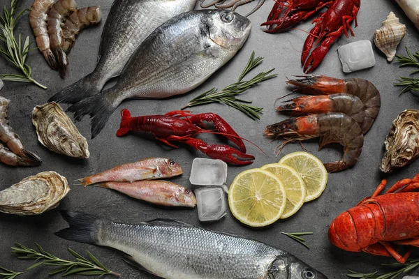Frischer Fisch Und Meeresfrüchte Auf Grauem Tisch Flach Gelegt — Stockfoto