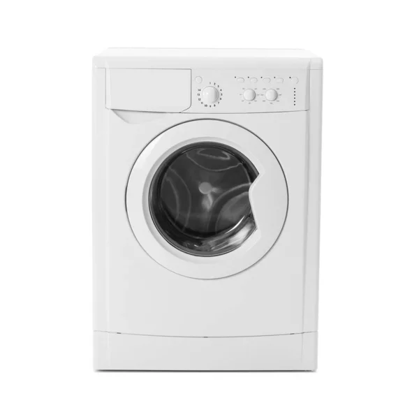 Máquina de lavar moderna isolado em branco. Dia de lavandaria — Fotografia de Stock