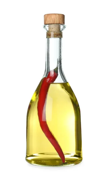 Cooking oil with chili pepper in glass bottle isolated on white — Stock Photo, Image