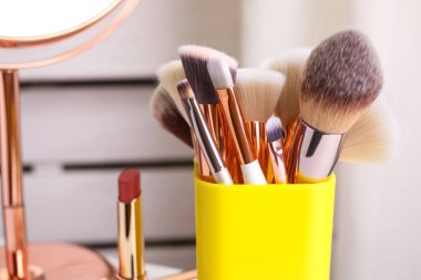 Tutucuda profesyonel makyaj fırçaları var, yakın plan.