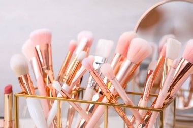 Tutucuda profesyonel makyaj fırçaları var, yakın plan.