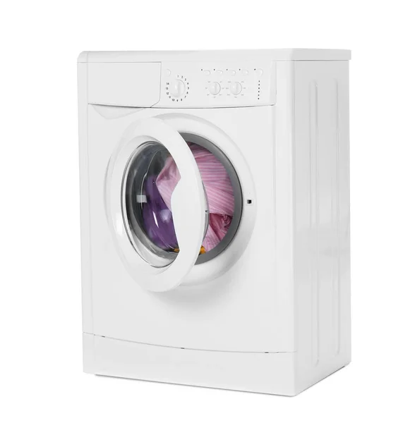 Modern washing machine with laundry isolated on white — Stock Photo, Image