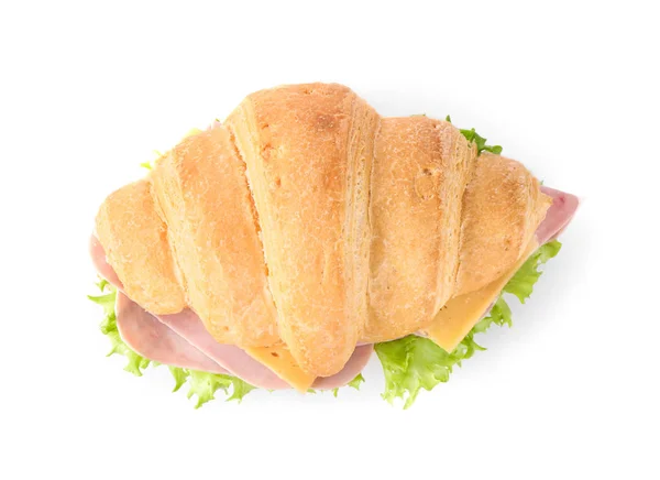 Savoureux sandwich croissant au jambon isolé sur fond blanc, vue de dessus — Photo