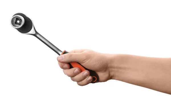 Auto mechanic holding socket wrench isolated on white, closeup — 스톡 사진