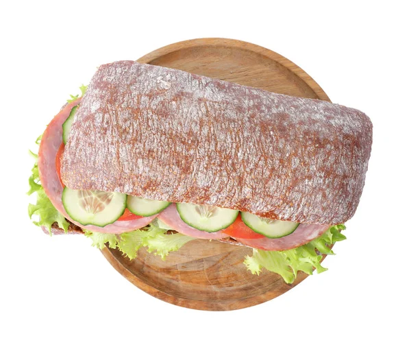 Smaczna kanapka z szynką izolowana na biało, widok z góry — Zdjęcie stockowe