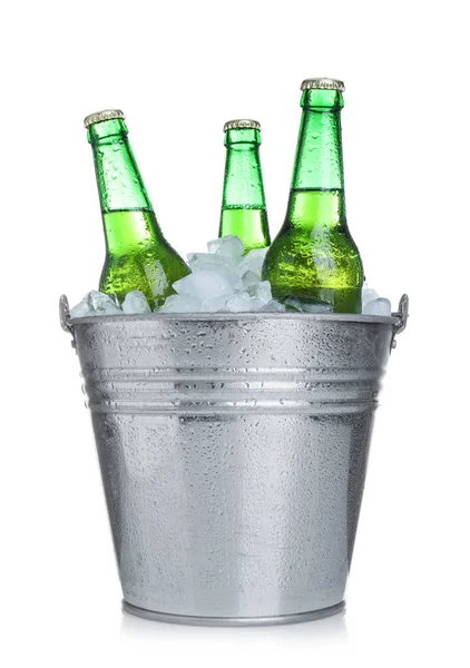 Beer in metal bucket with ice isolated on white — 스톡 사진
