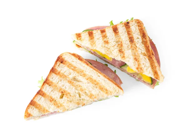 Sanduíche saboroso com presunto no fundo branco, vista superior — Fotografia de Stock