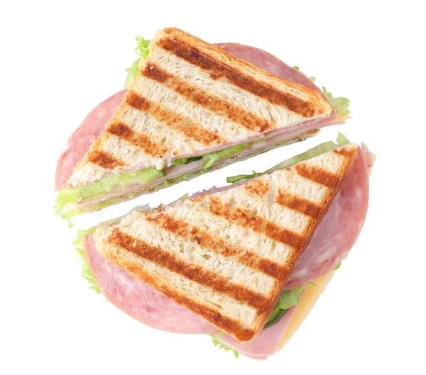 Tasty sandwich with ham on white background, top view — Stock Photo, Image