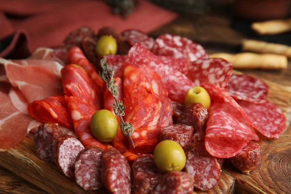 Tasty Prosciutto Other Delicacies Served Wooden Table Closeup — Stock Photo, Image