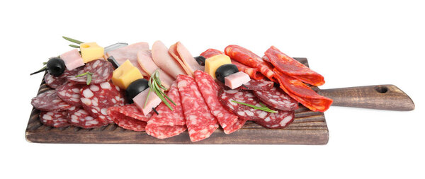 Wooden board with tasty ham and other delicacies isolated on whi