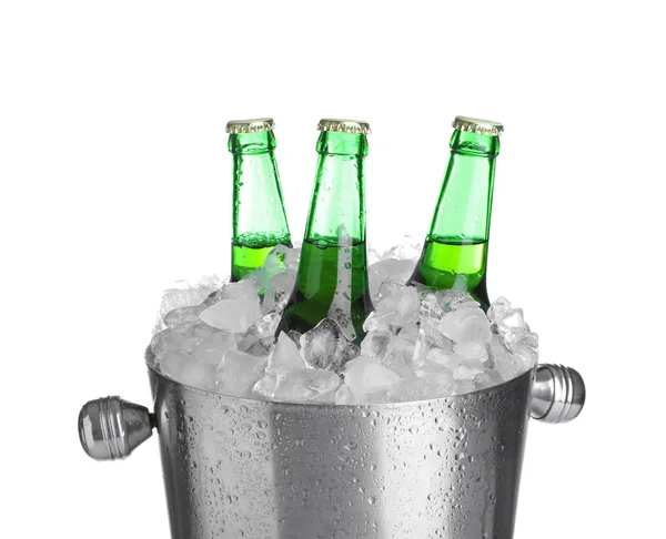 Beer in metal bucket with ice isolated on white — 스톡 사진