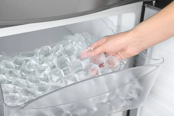 Woman Taking Plastic Bag Ice Cubes Fridge Closeup — 스톡 사진