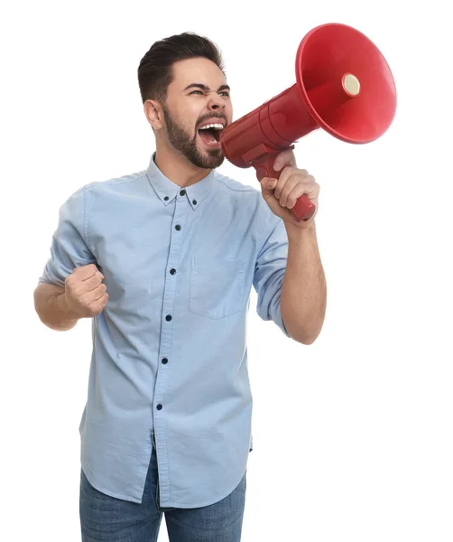 Jovem Com Megafone Sobre Fundo Branco — Fotografia de Stock