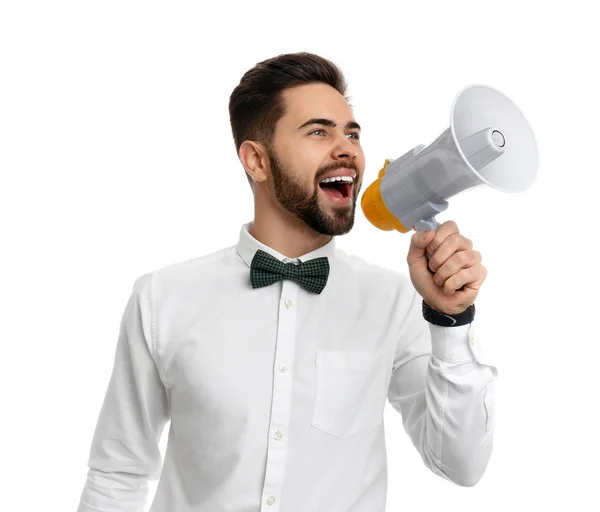 Jovem Com Megafone Sobre Fundo Branco — Fotografia de Stock