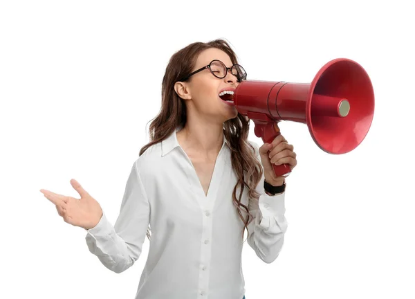 Jovem Mulher Com Megafone Fundo Branco — Fotografia de Stock