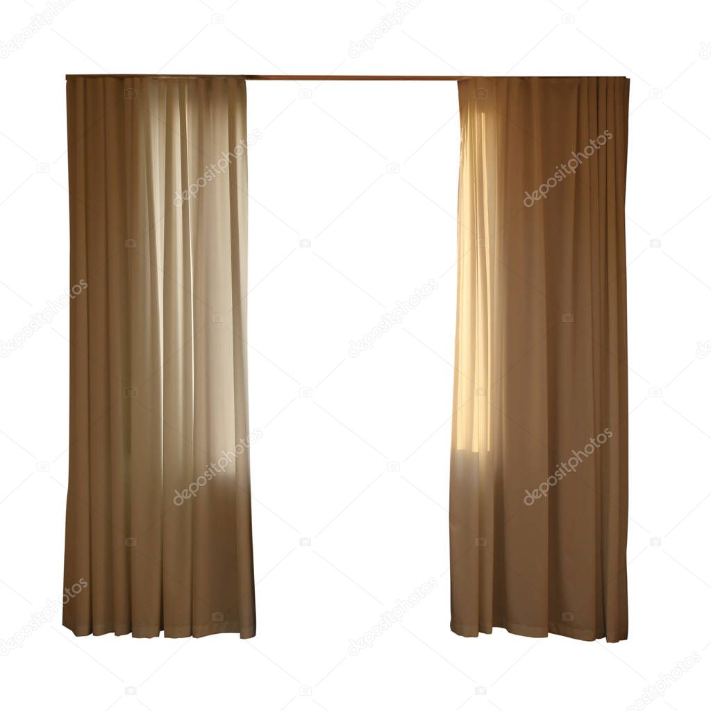 Beautiful elegant brown curtains on white background