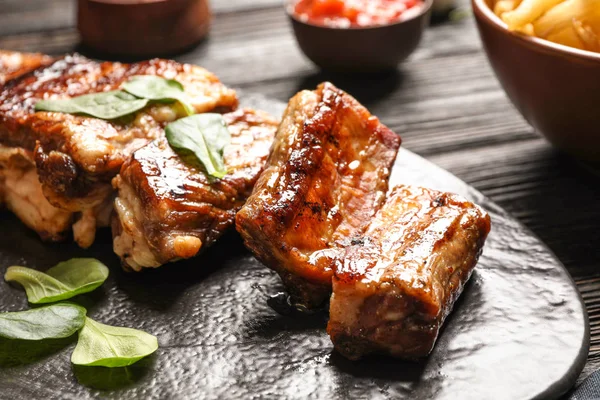 Delicious Grilled Ribs Served Table Closeup — 스톡 사진