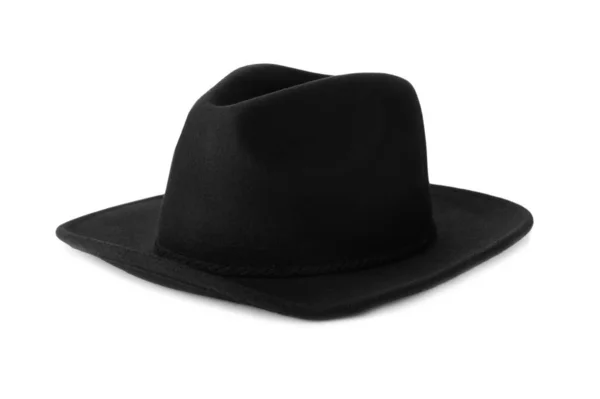 Μαύρο καπέλο απομονωμένο στο λευκό. Κομψό αξεσουάρ — Φωτογραφία Αρχείου