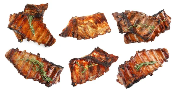 Tasty grilled ribs with thyme isolated on white — 스톡 사진