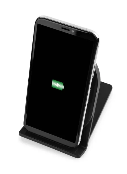 Carregamento Telefone Celular Com Almofada Sem Fio Isolada Branco — Fotografia de Stock