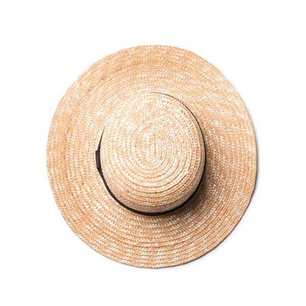 Elegante sombrero de paja aislado en blanco, vista superior — Foto de Stock