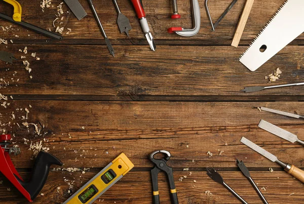 Bingkai Dibuat Dengan Alat Alat Tukang Kayu Latar Belakang Kayu — Stok Foto