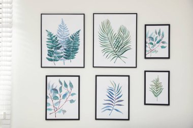 Odadaki beyaz duvarda tropikal yaprakların güzel resimleri