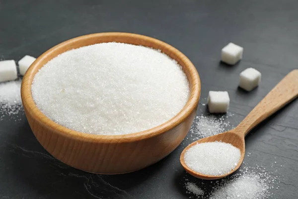 Zucchero Semolato Ciotola Sul Tavolo Scuro — Foto Stock