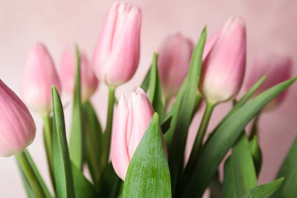 Csokor gyönyörű tavaszi tulipán a világos rózsaszín háttér, clo — Stock Fotó