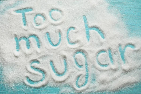 Flat Lay Composition Phrase Too Much Sugar Blue Wooden Table — Stock Photo, Image