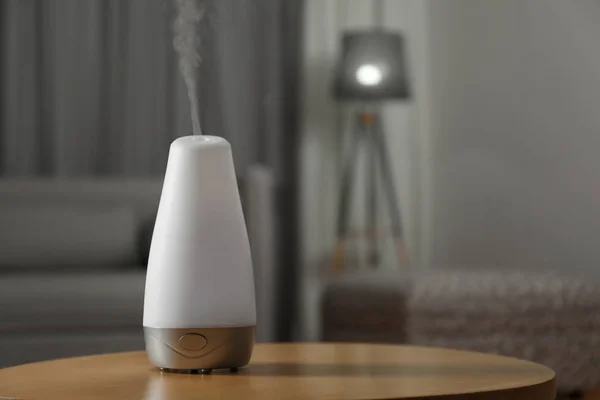 Aroma Oil Diffuser Wooden Table Indoors Space Text Air Freshener — 스톡 사진