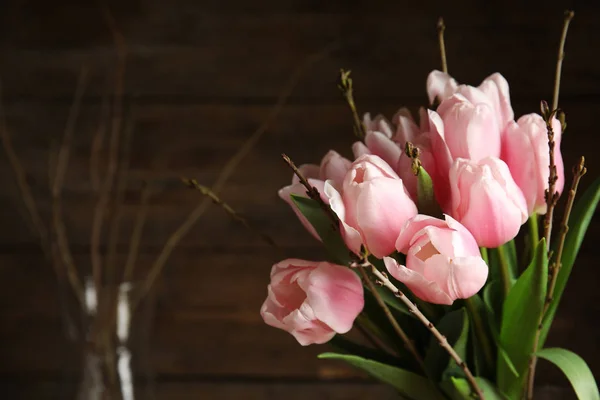 Hermoso Ramo Tulipanes Rosados Primaverales Sobre Fondo Borroso Espacio Para — Foto de Stock