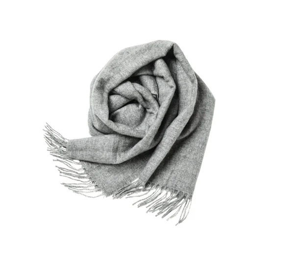 Мягкий серый шерстяной шарф изолирован белый, вид сверху — стоковое фото