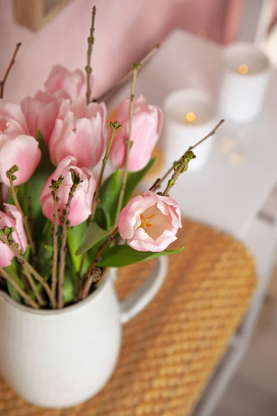 Hermoso Ramo Con Tulipanes Rosados Primavera Primer Plano — Foto de Stock