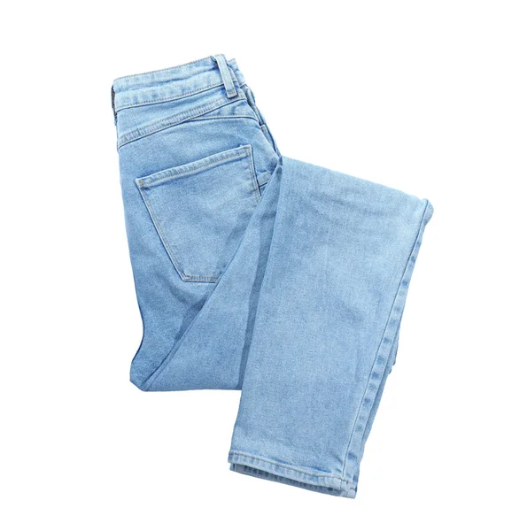 Nieuwe Stijlvolle Jeans Geïsoleerd Wit Bovenaanzicht — Stockfoto