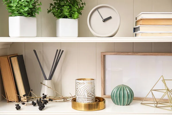 White Shelving Unit Plants Different Decorative Stuff — Stock Photo, Image