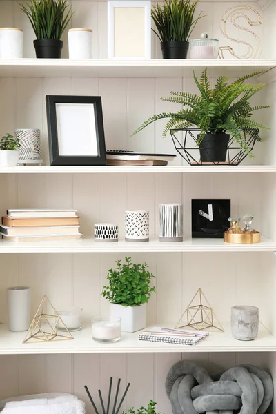 White Shelving Unit Plants Different Decorative Stuff — Stock Photo, Image