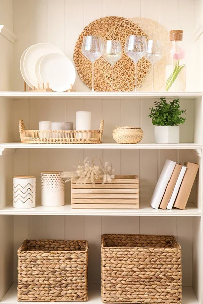 White Shelving Unit Dishware Different Decorative Stuff — 스톡 사진