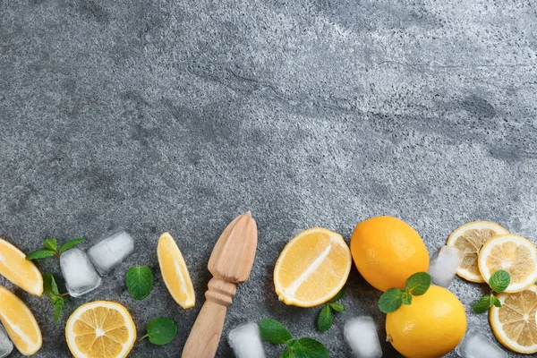 Lemonade Layout Juicy Lemon Slices Mint Ice Cubes Grey Table — Stock Photo, Image