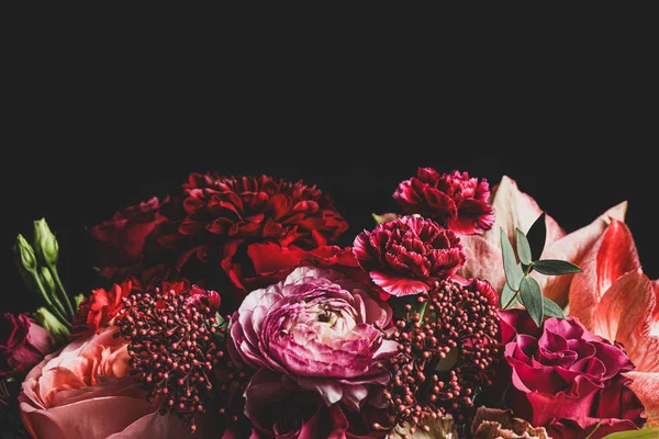 Гарний Букет Різних Квітів Чорному Тлі Дизайн Квіткової Картки Темно — стокове фото