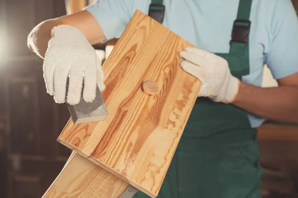 Professional Carpenter Polishing Wooden Drawer Workshop Closeup — Stockfoto