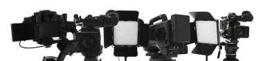 Collage with modern professional equipment on white background. Video production