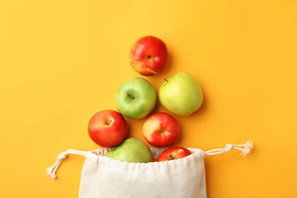 Cotton Eco Bag Apples Yellow Background Flat Lay — 스톡 사진