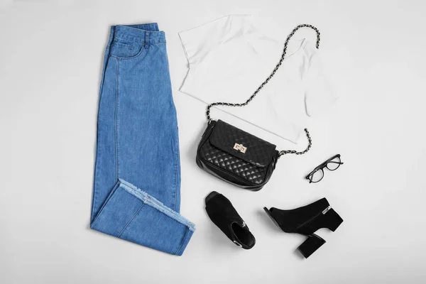 Stylish Outfit Jeans White Background Top View — 스톡 사진