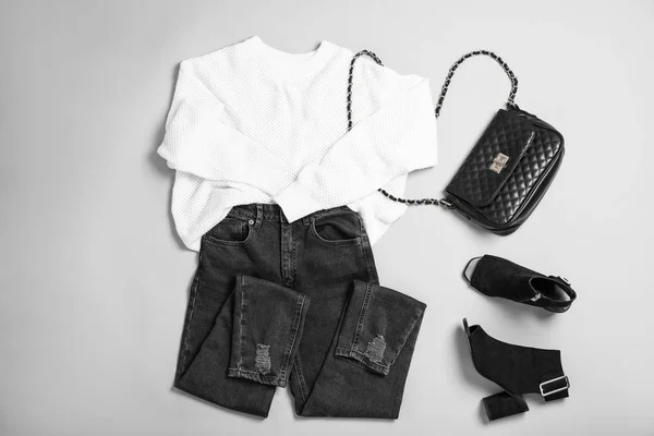 Stylish Outfit Jeans Light Grey Background Flat Lay — 스톡 사진